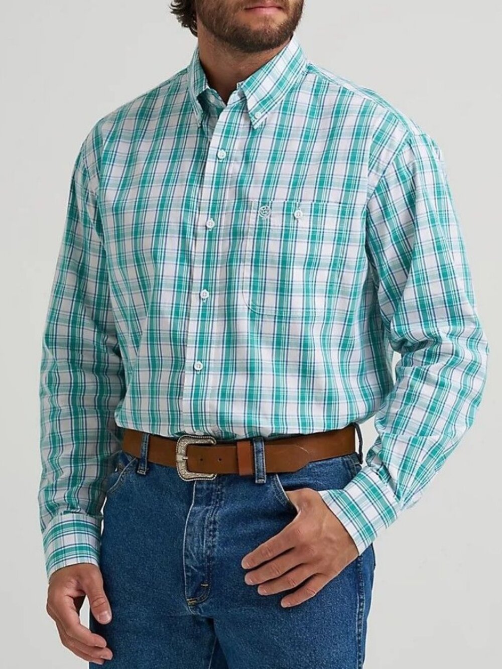 Wrangler George Strait Men's Long Sleeve Plaid Button Shirt Teal 112374594
